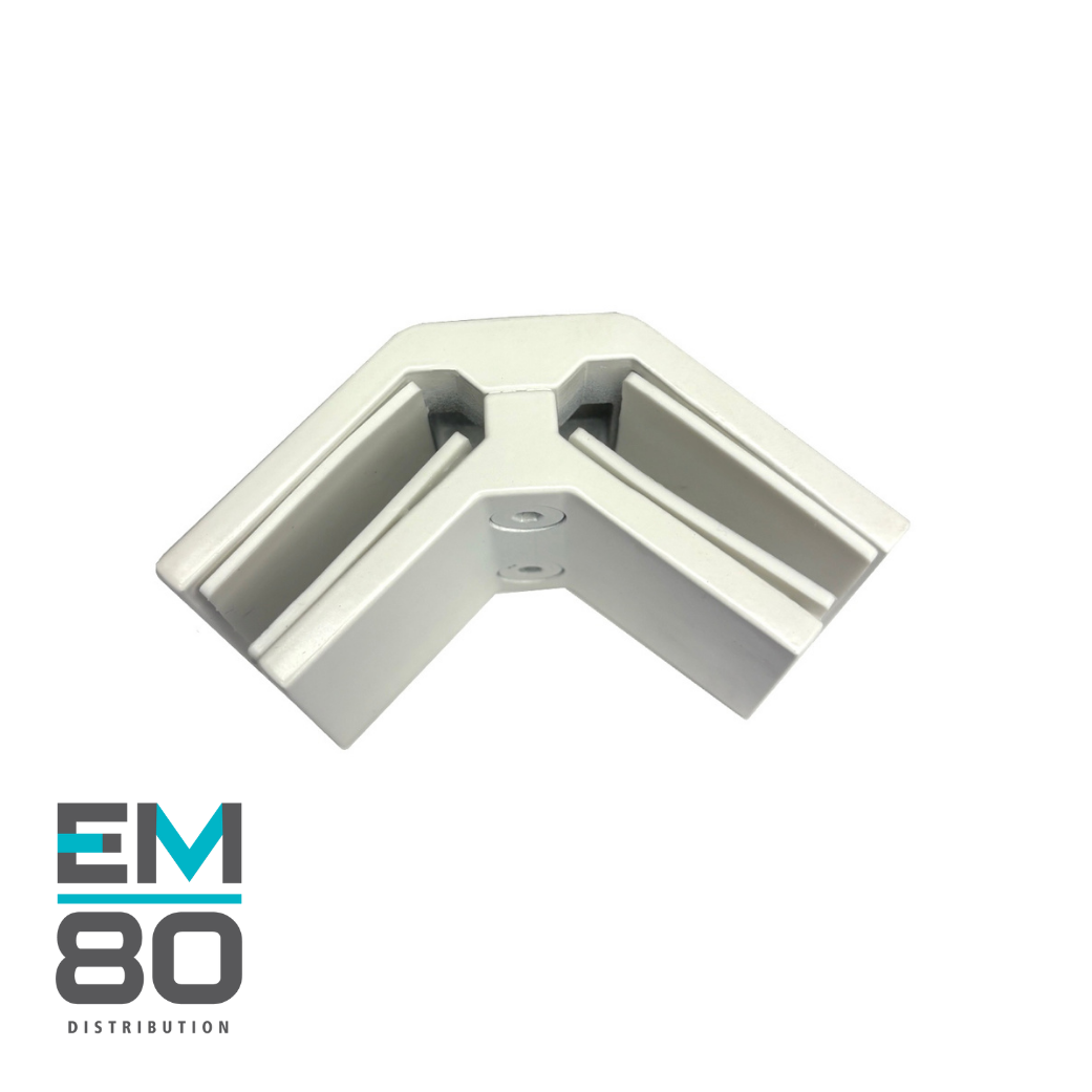 Attache en coin 90 degrés pour deux verres trempés 12mm, en acier inoxydable 316 de couleur blanche lustré