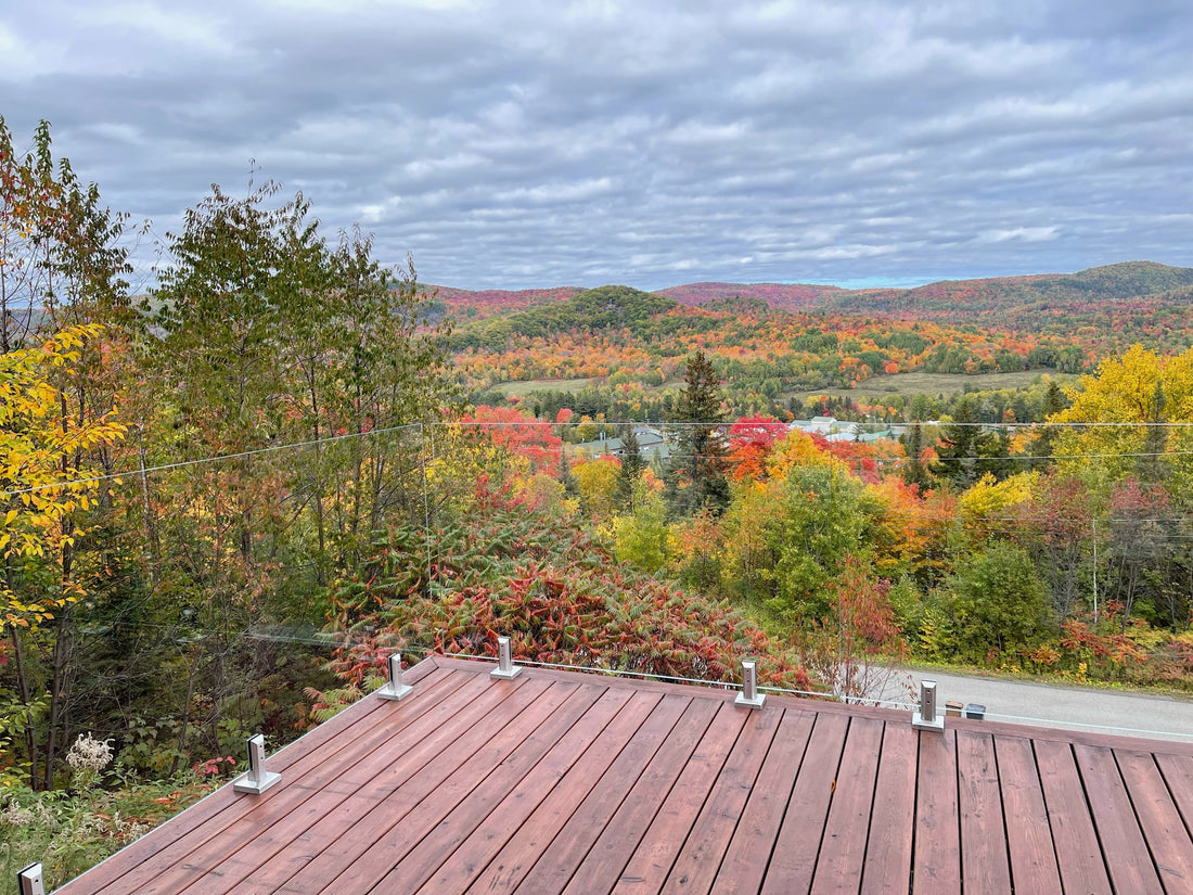 Rampe de verre pour balcon de bois avec vue unique sur les couleurs d'automne 