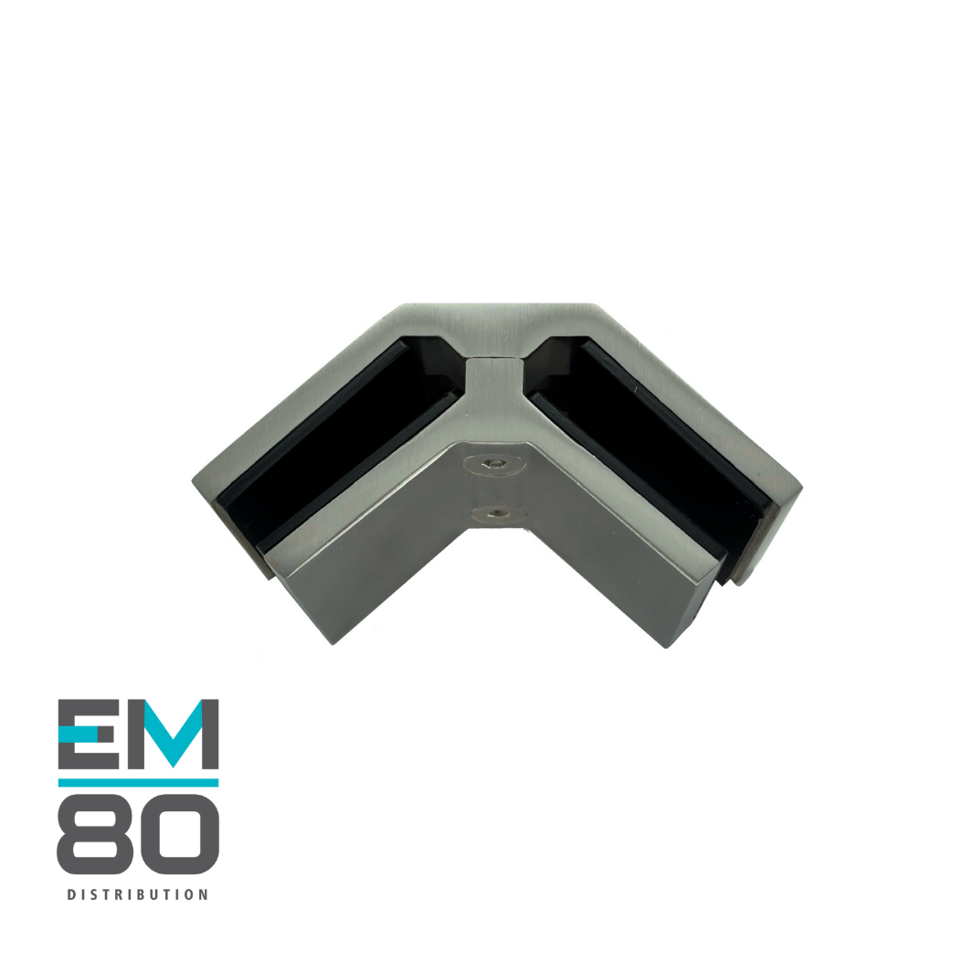 Attache en coin 90 degrés pour deux verres trempés 12mm, en acier inoxydable 316 de couleur inox brossé