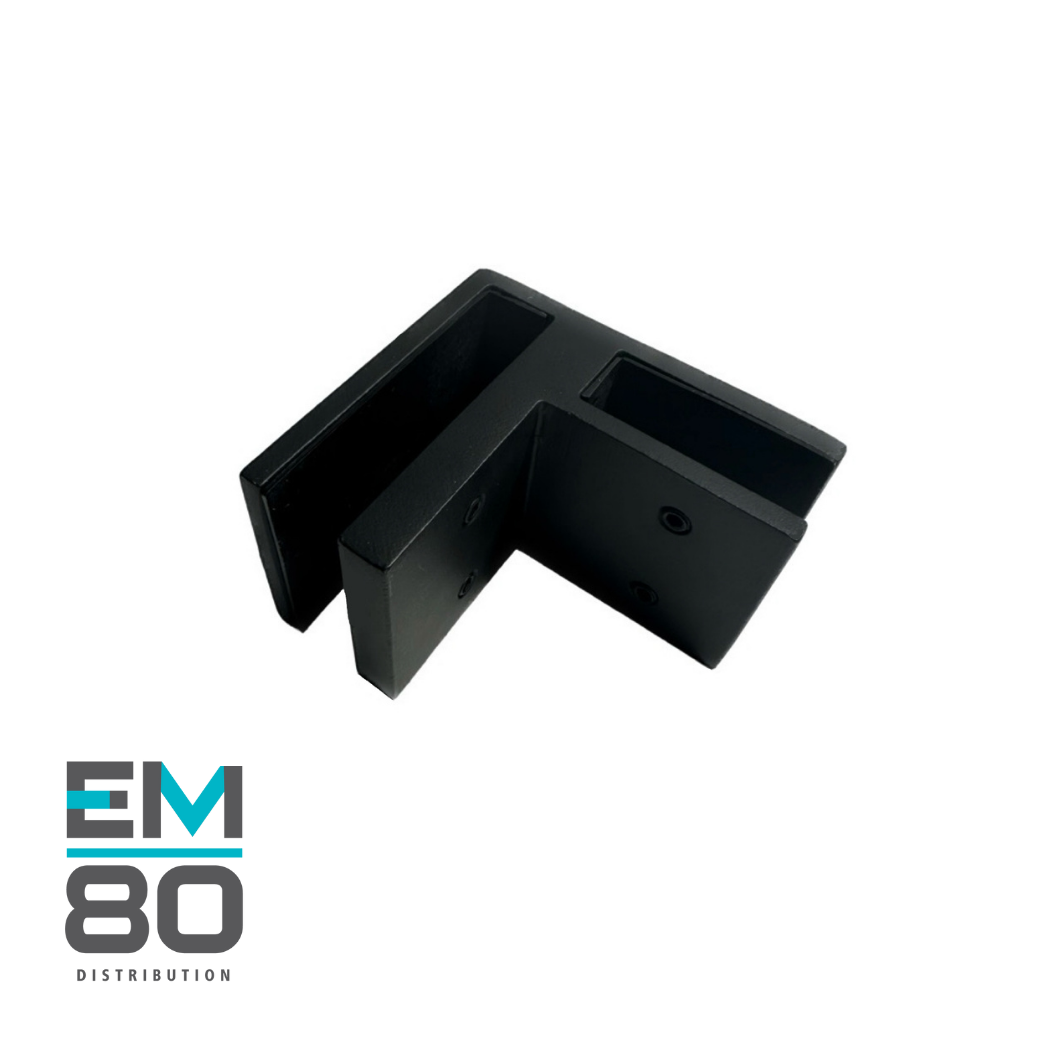Attache en coin 90 degrés inégal pour deux verres trempés 12mm, en acier inoxydable 316 de couleur noir mat