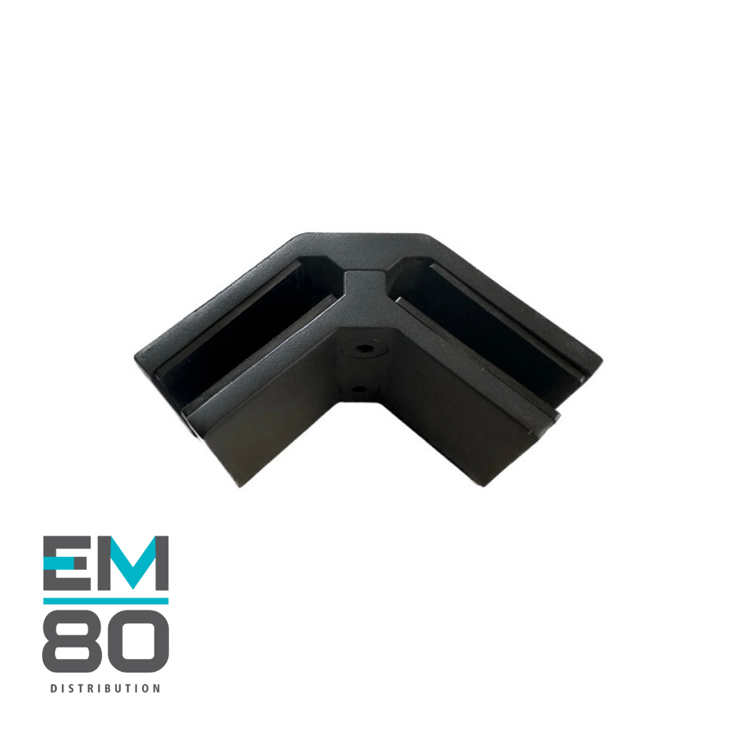 Attache en coin 90 degrés pour deux verres trempés 12mm, en acier inoxydable 316 de couleur noir mat