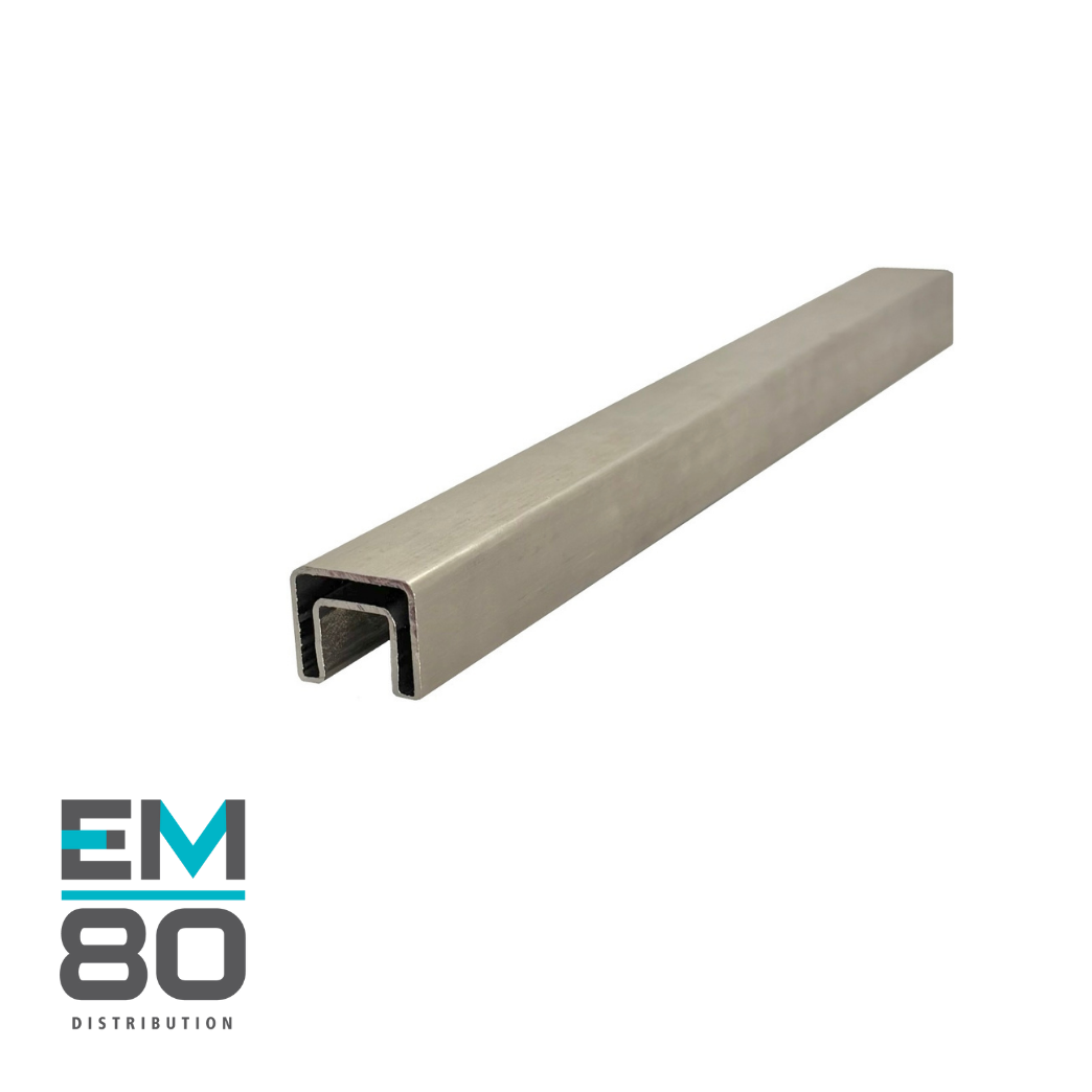 Main courante 25x21mm sur verre 12mm en acier inoxydable de couleur inox brossé