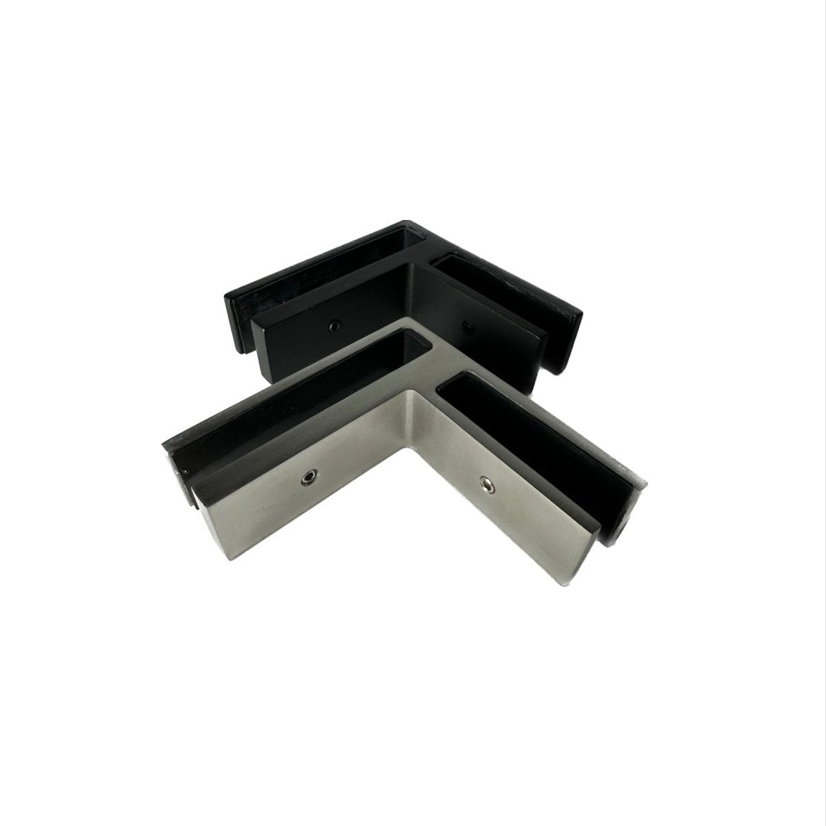 Attache mince de 1 pouce en acier inoxydable formant un coin inégale pour sécuriser deux panneaux de verre 12mm avec un angle plate de 90 degrés