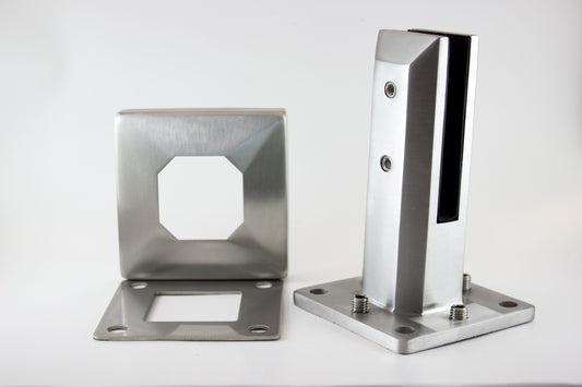 Spigot carré en acier inoxydable fini brossé ou satinée pour support de verre trempé 12mm avec plaque de nivellement et capuchon de finition